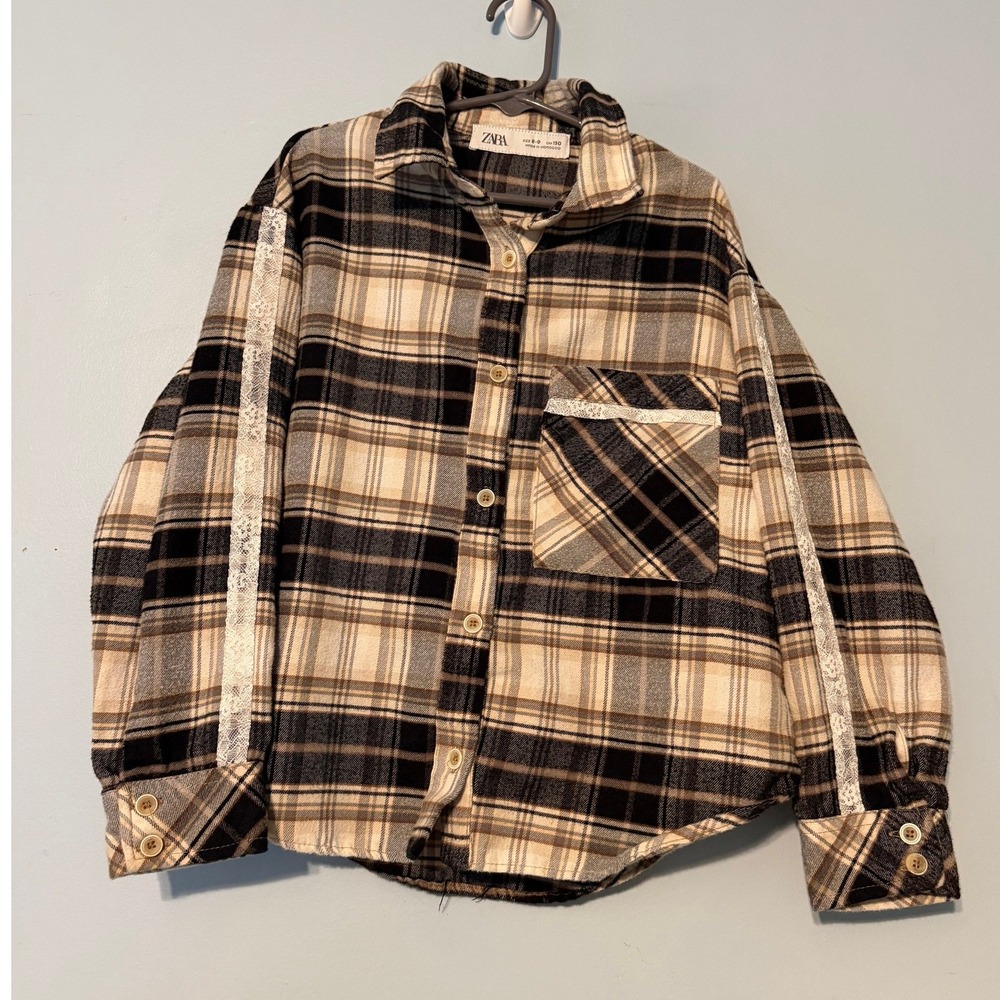 Zara Kids Size 8-9 Plaid Flannel Lace Trim Shirt Black Tan Shacket 2095